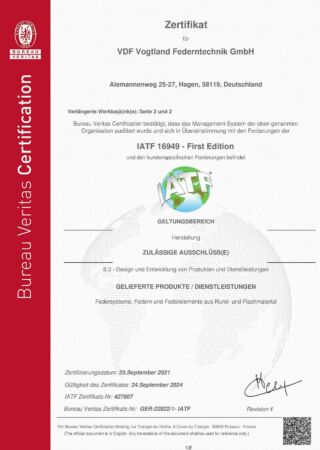 Zertifikat Certificate VDF Vogltand Federntechnik GmbH