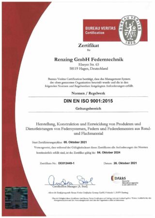 Zertifikat Renzing GmbH Federntechnik ISO 9001